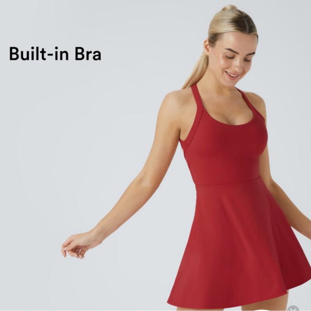 Halara backless twisted dress. Color: Salsa
Built in bra, attached shorts